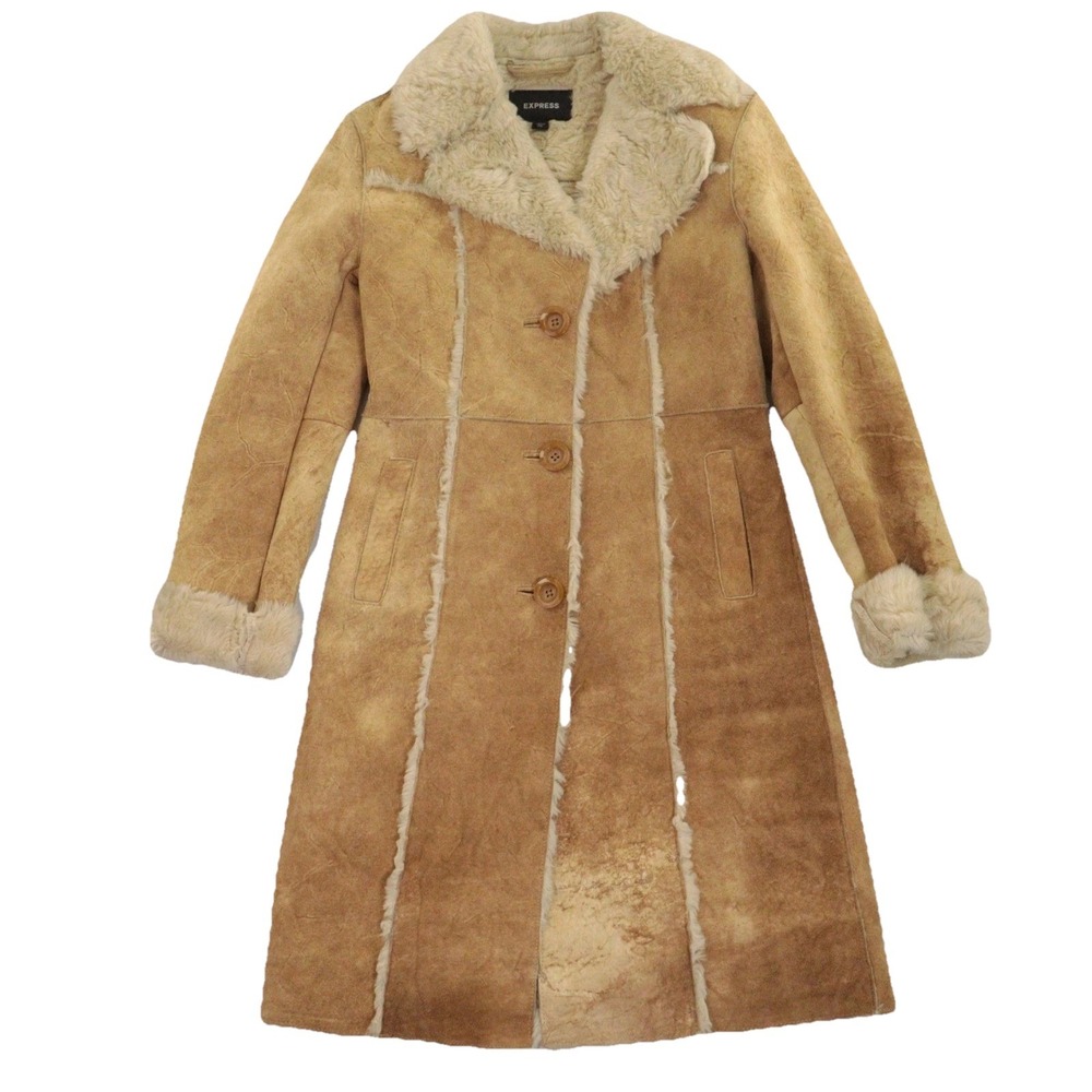 Express Penny Coat Suede‎ Shearling Style Boho Tan Leather Women XS